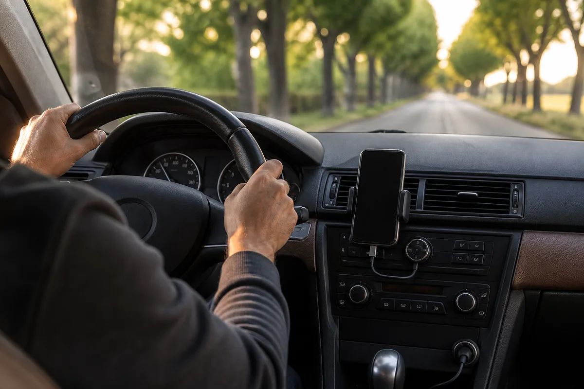 Support de téléphone fixé sur une grille d&rsquo;aération, mains posées sur le volant en lumière rasante