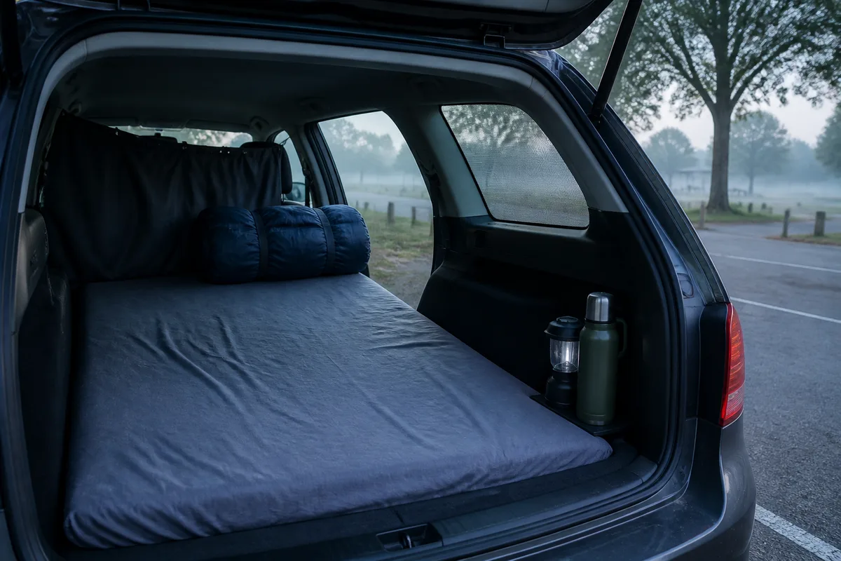 Intérieur de break aménagé pour la nuit avec matelas plié et rideau occultant, lumière douce du matin