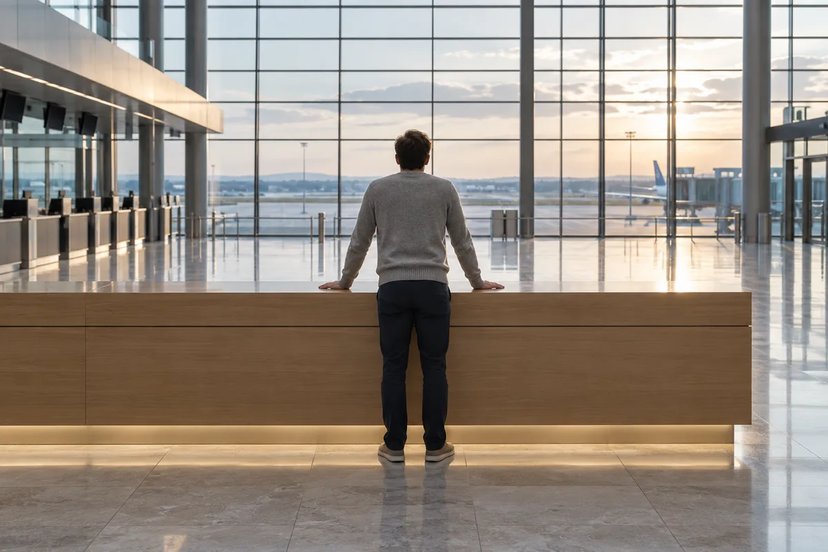 Voyageur vu de dos devant le comptoir des bagages d&rsquo;un hall d&rsquo;aéroport vide