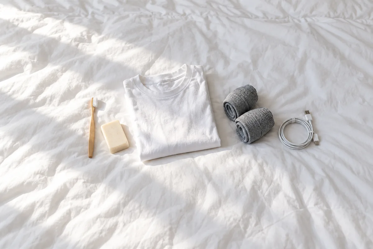 Brosse à dents, savon solide et linge de rechange posés sur un lit d&rsquo;hôtel