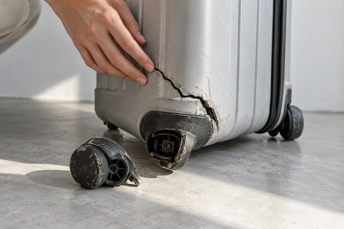 Main posée sur la coque fendue d&rsquo;une valise rigide grise