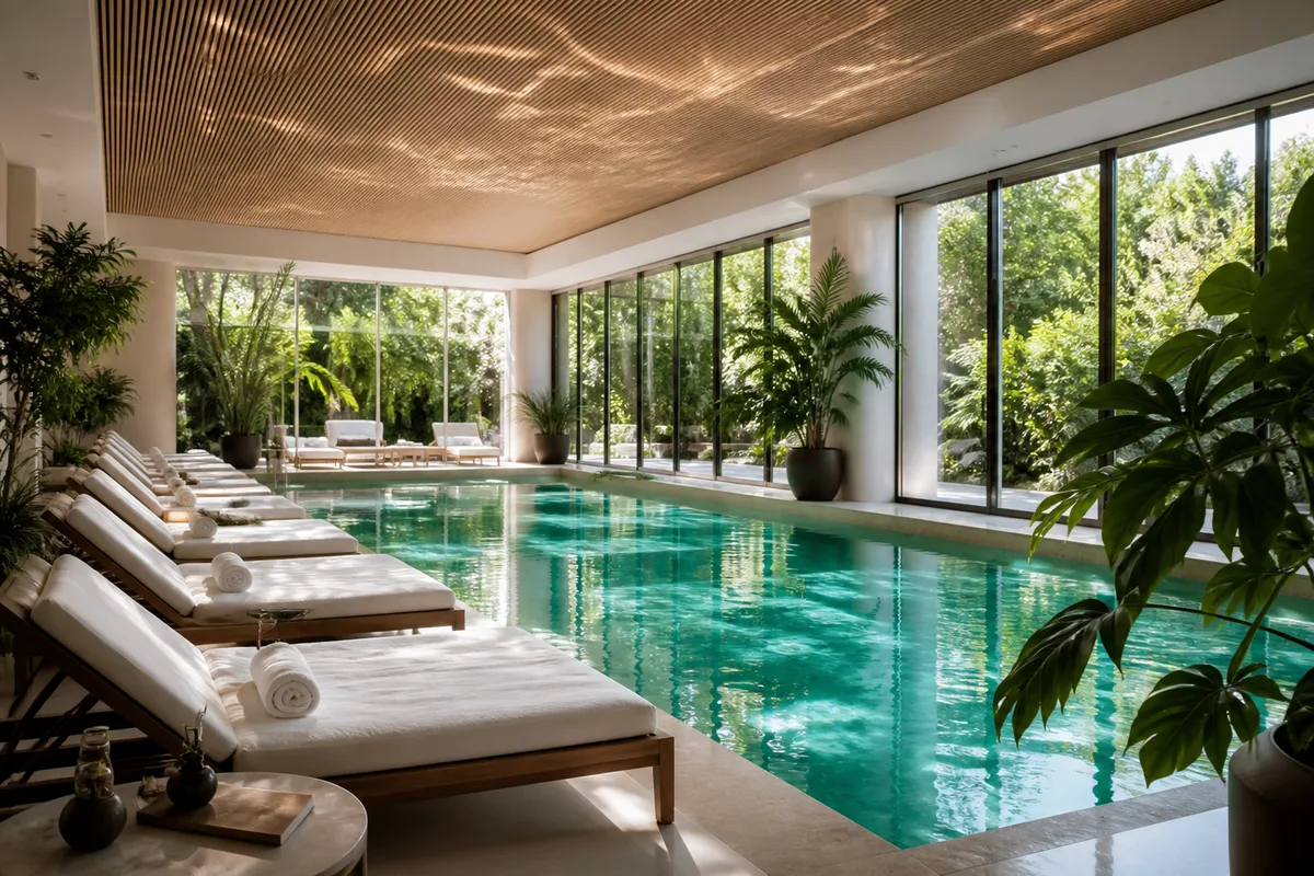 Bassin intérieur d&rsquo;un spa hôtelier, eau turquoise éclairée par de hautes baies vitrées, transats vides