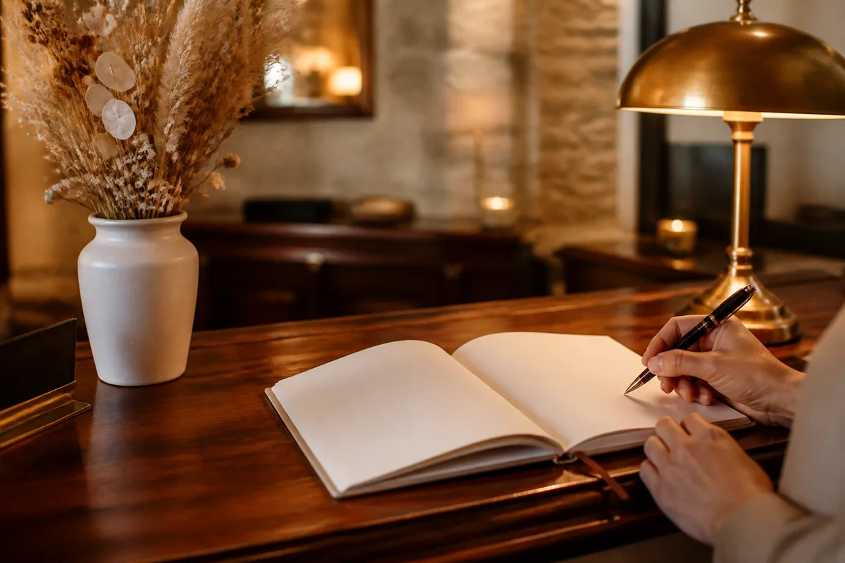 Comptoir de réception d&rsquo;hôtel en bois foncé, bouquet de fleurs séchées et carnet de réservation ouvert
