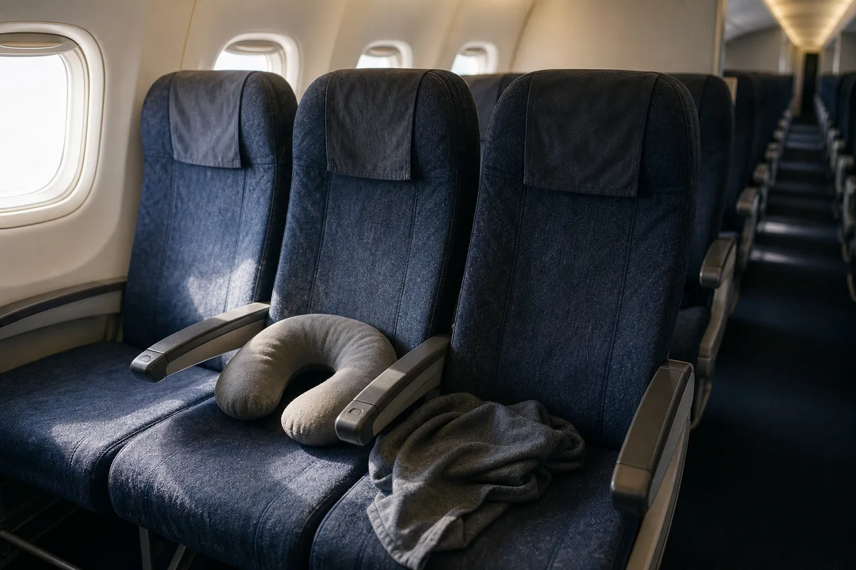 Rangée de sièges vide dans une cabine d&rsquo;avion long-courrier au petit matin