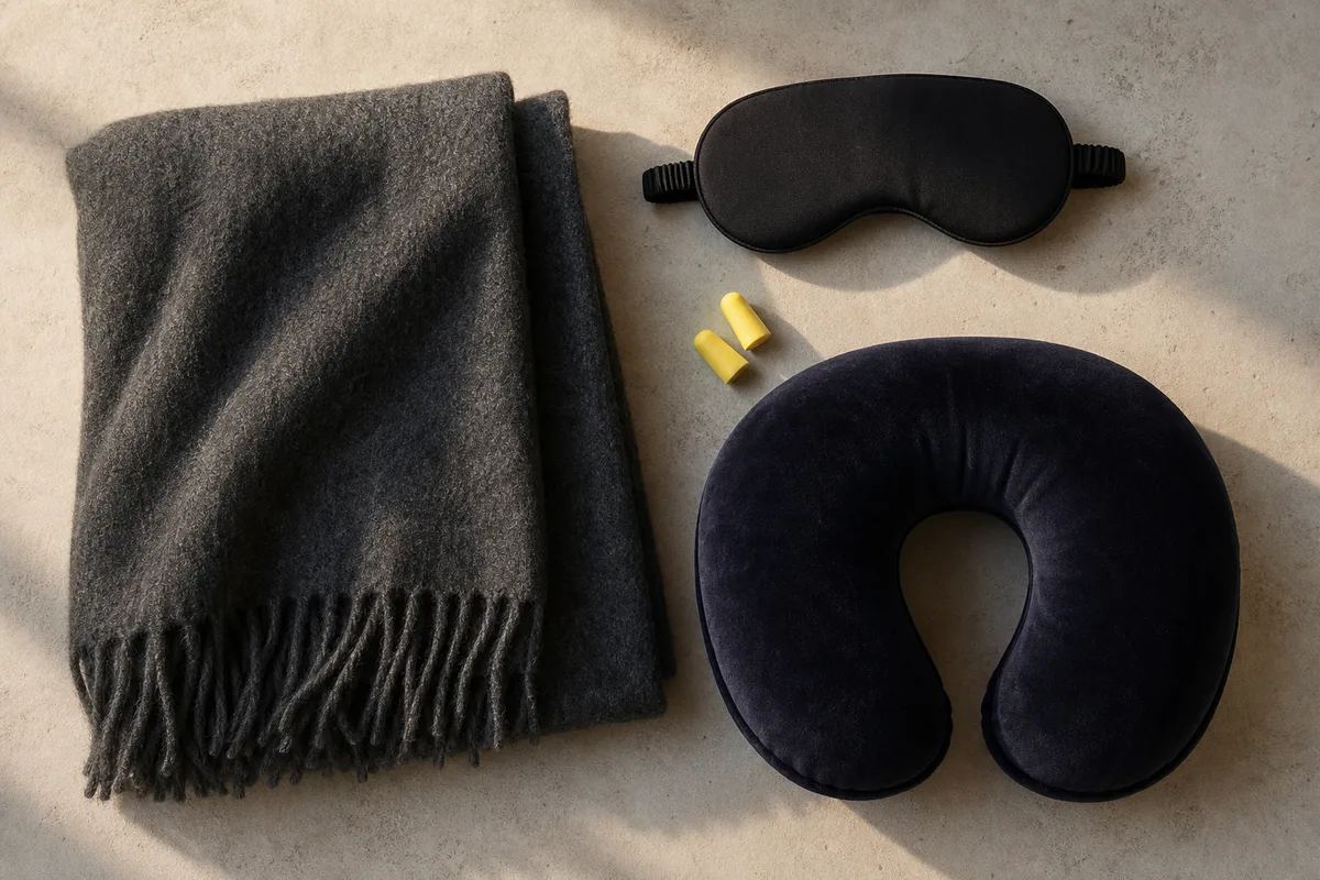 Bouchons d&rsquo;oreille et masque de sommeil posés sur une couverture de cabine