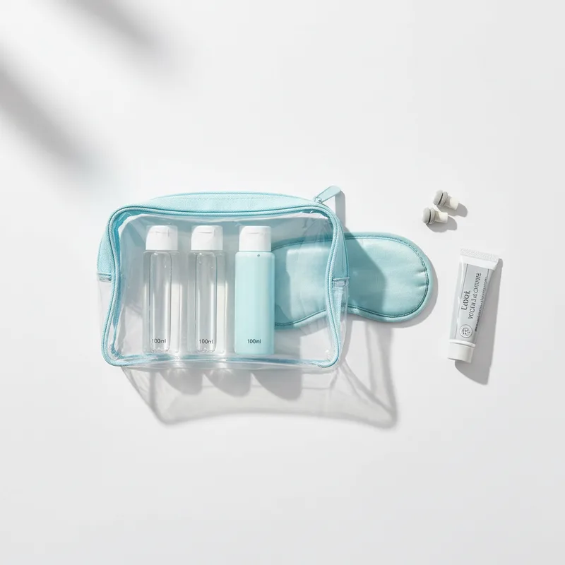 Kit voyage avion : flacons 100 ml, trousse et produits autorisés en cabine