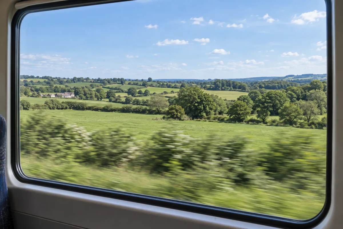 Campagne verte et horizon dégagé vus depuis la fenêtre d&rsquo;un train