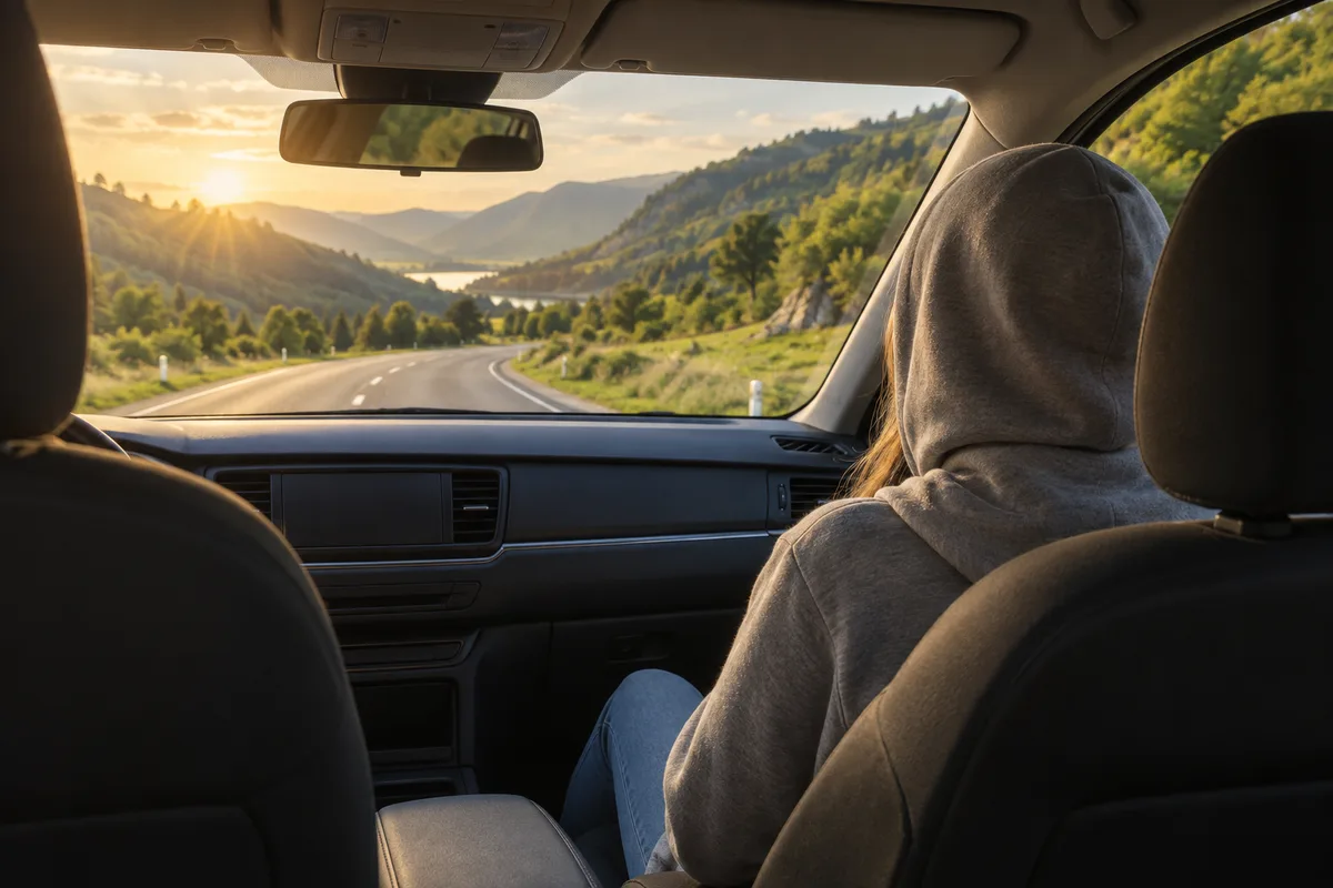 Passager assis à l&rsquo;avant d&rsquo;une voiture, regard fixé sur la route