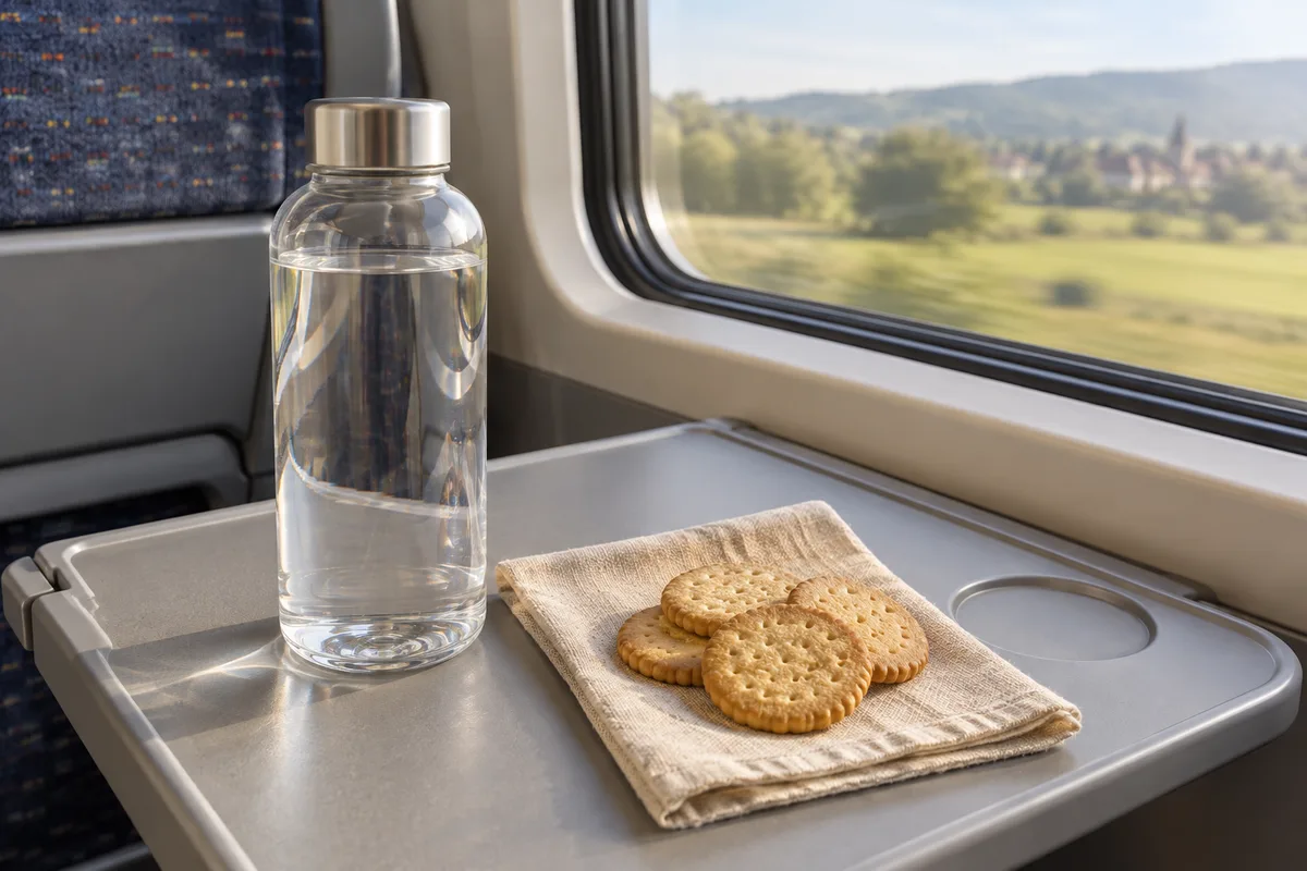 Gourde transparente et biscuits secs sur la tablette d&rsquo;un train