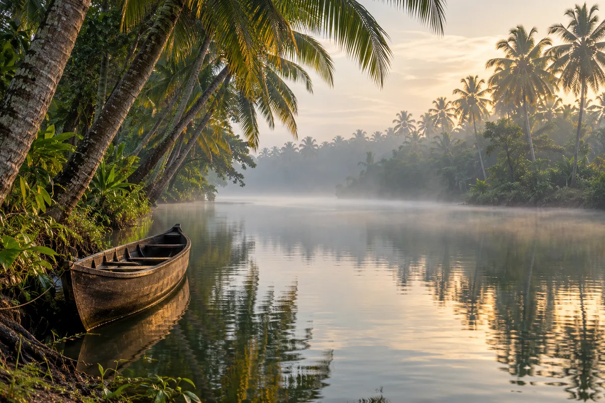 Canal des backwaters du Kerala bordé de cocotiers au petit matin, une barque en bois amarrée