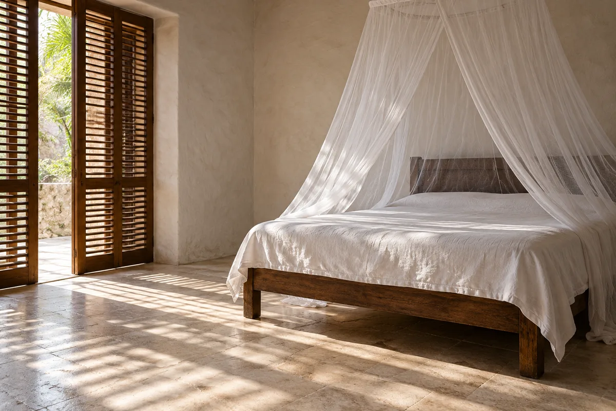 Moustiquaire blanche suspendue au-dessus d’un lit en bois sombre dans une chambre aux murs chaulés