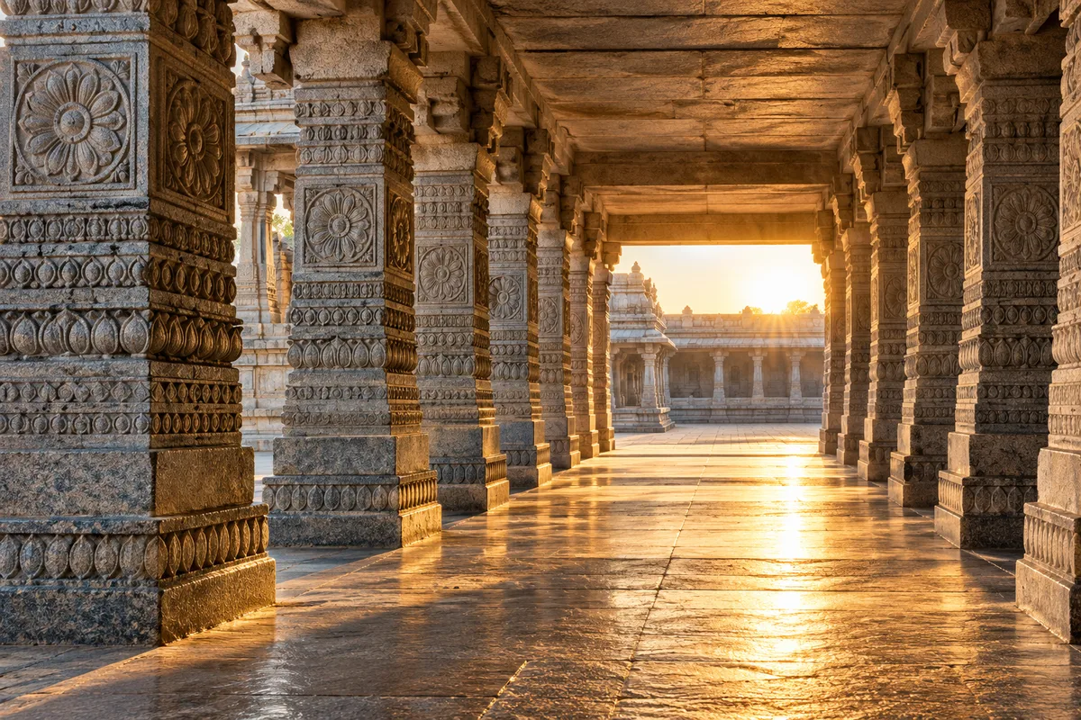 Galerie à colonnes de granit sculptées d’un temple d’Inde du Sud, déserte, au lever du jour