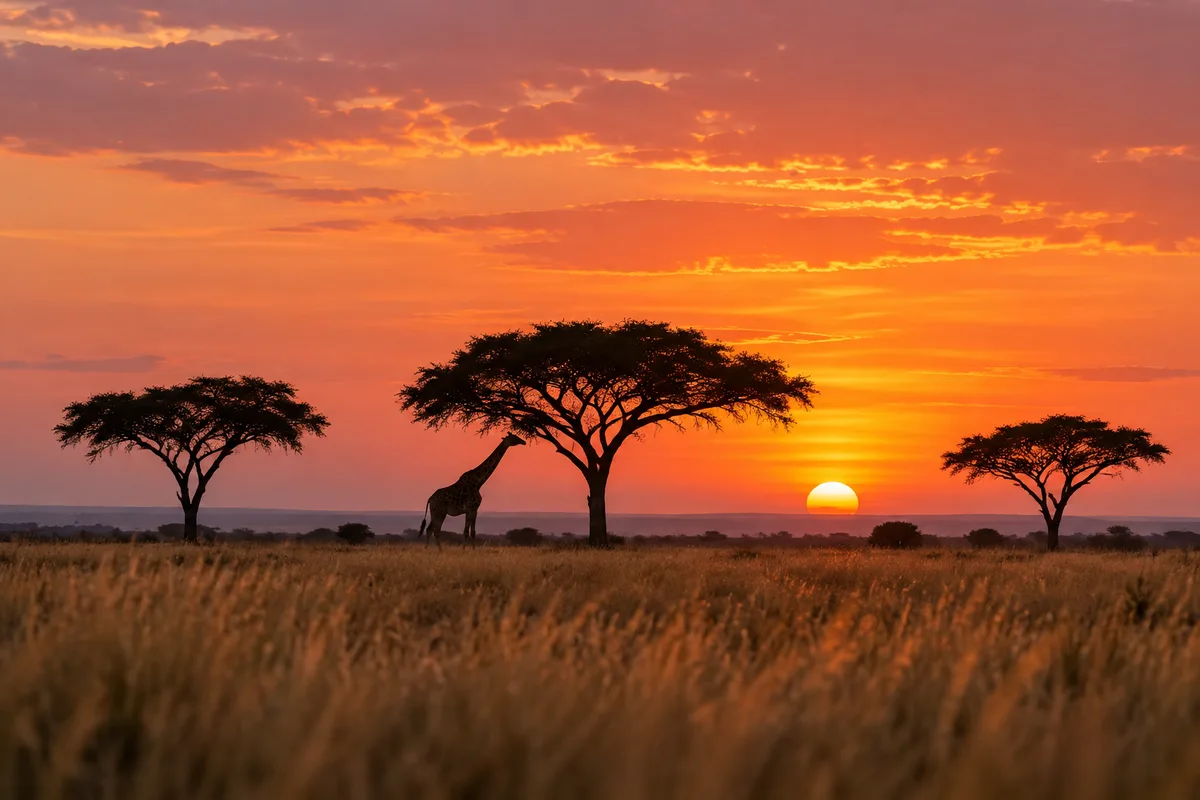 Silhouettes d’acacias et d’une girafe au loin dans la savane