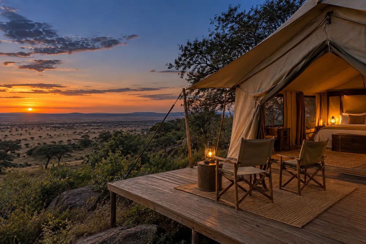 Tente de camp de toile face à la savane au crépuscule