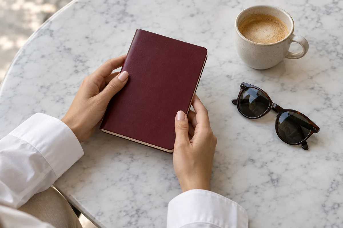 Mains d&rsquo;une femme tenant un carnet de voyage bordeaux fermé près d&rsquo;une paire de lunettes de soleil