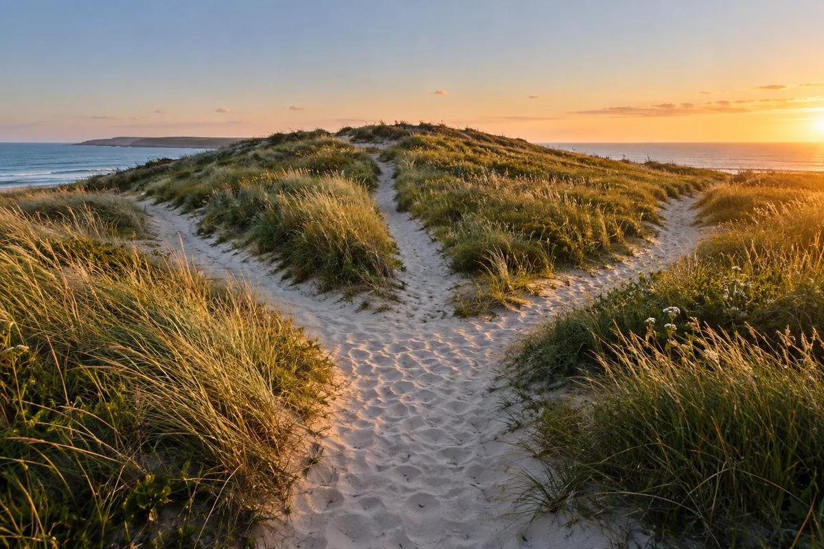 Trois chemins de sable divergents sur une dune côtière bordée d&rsquo;herbes hautes au soleil du soir