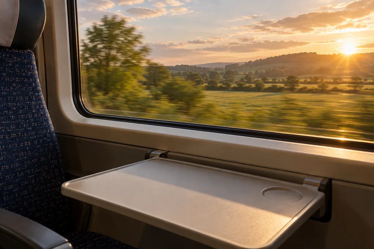 Fenêtre de train avec un paysage de campagne flou et une tablette rabattable vide dans la lumière dorée