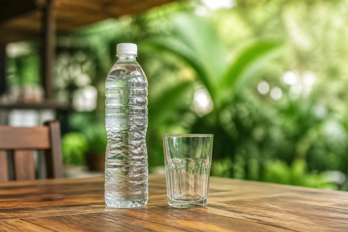 Bouteille d eau capsulee et verre pose sur une table de terrasse en zone tropicale