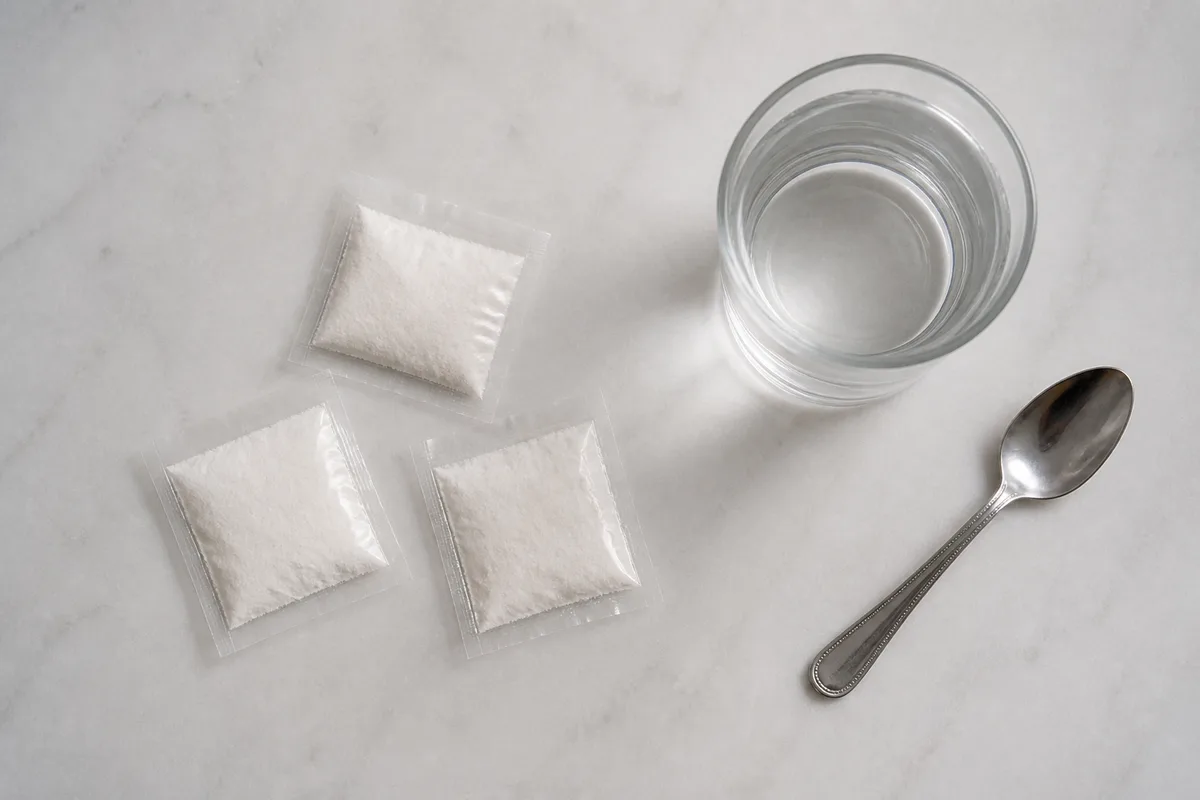 Sachets de sels de rehydratation orale poses a cote d une trousse de pharmacie de voyage