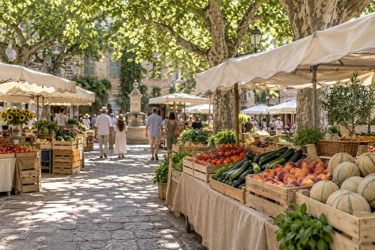 Étal de marché provençal sous les platanes, cagettes de fruits et légumes colorés