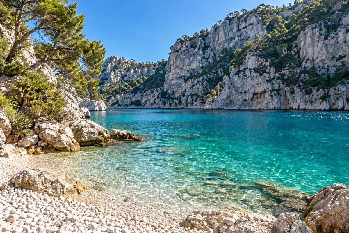 Lac aux eaux turquoise bordé de falaises calcaires et de pins sous le soleil
