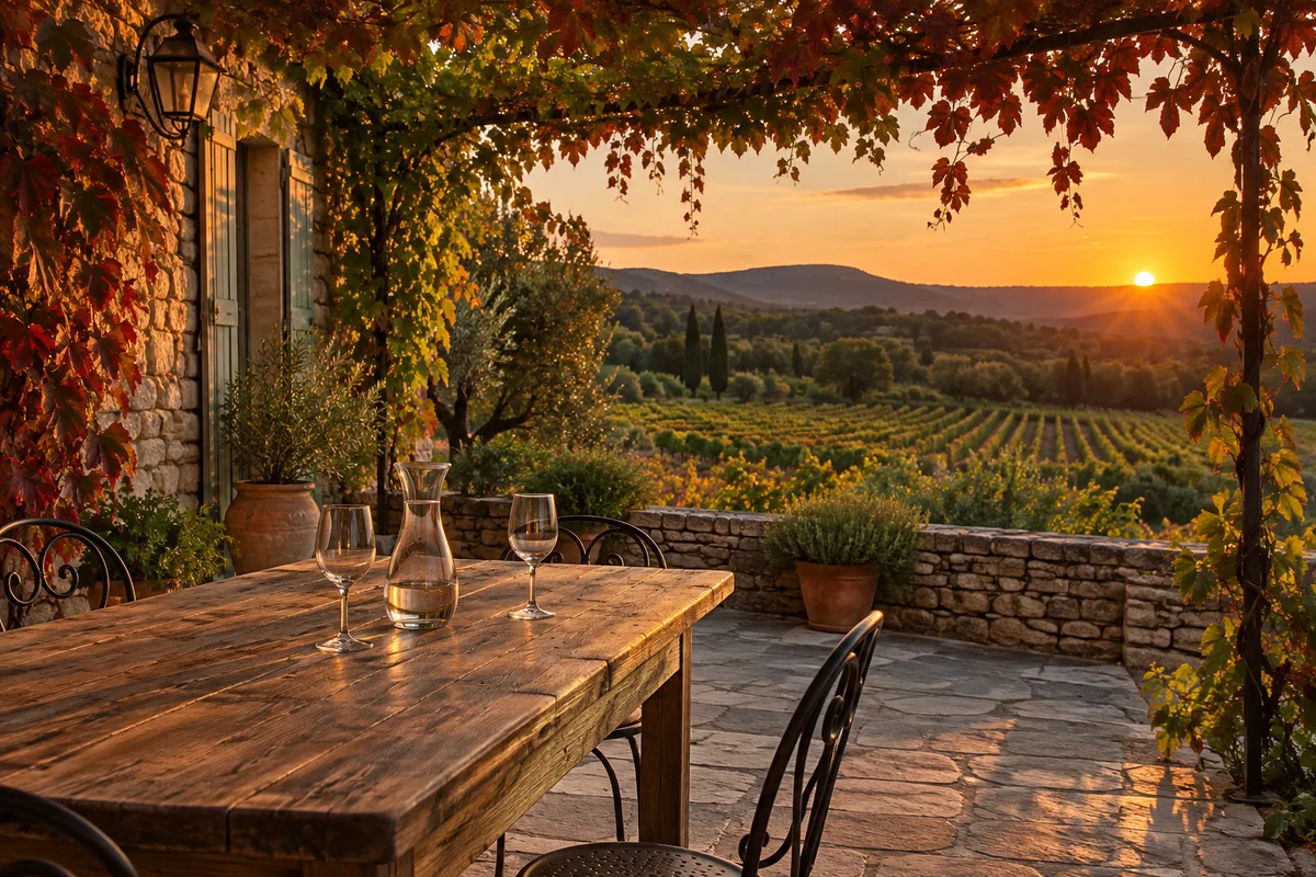 Terrasse de maison de village en pierre, table en bois face aux vignes au couchant