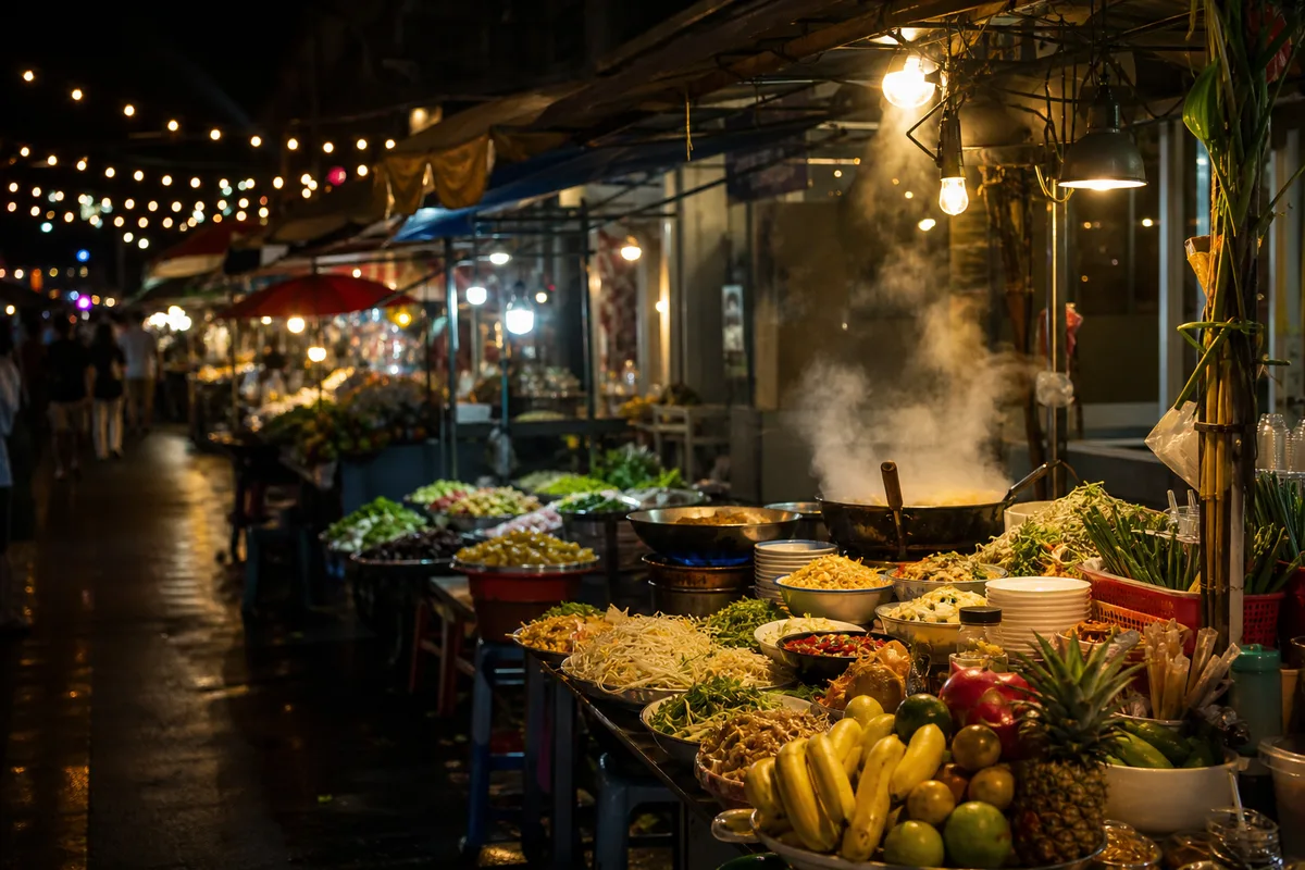 Étals de street food thaïlandaise éclairés le soir sur un marché de rue