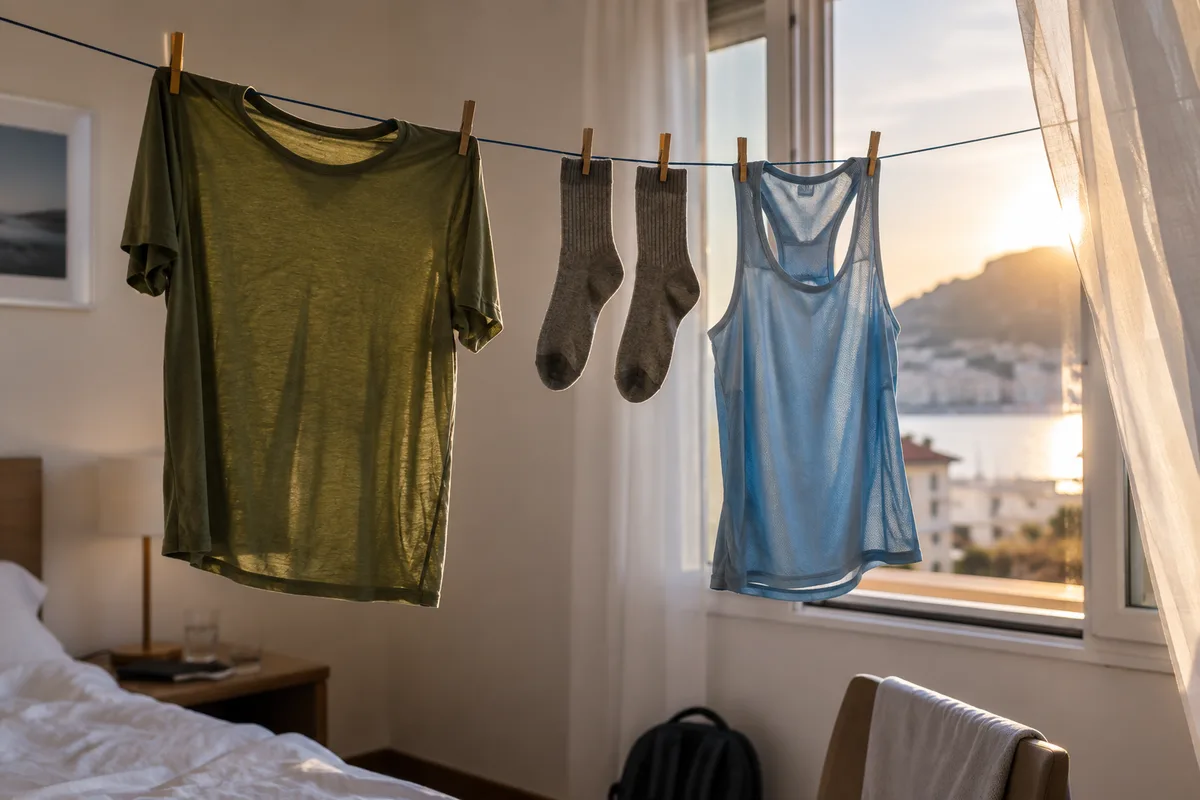 Linge lavé à la main séchant sur un fil tendu dans une chambre d’hôtel