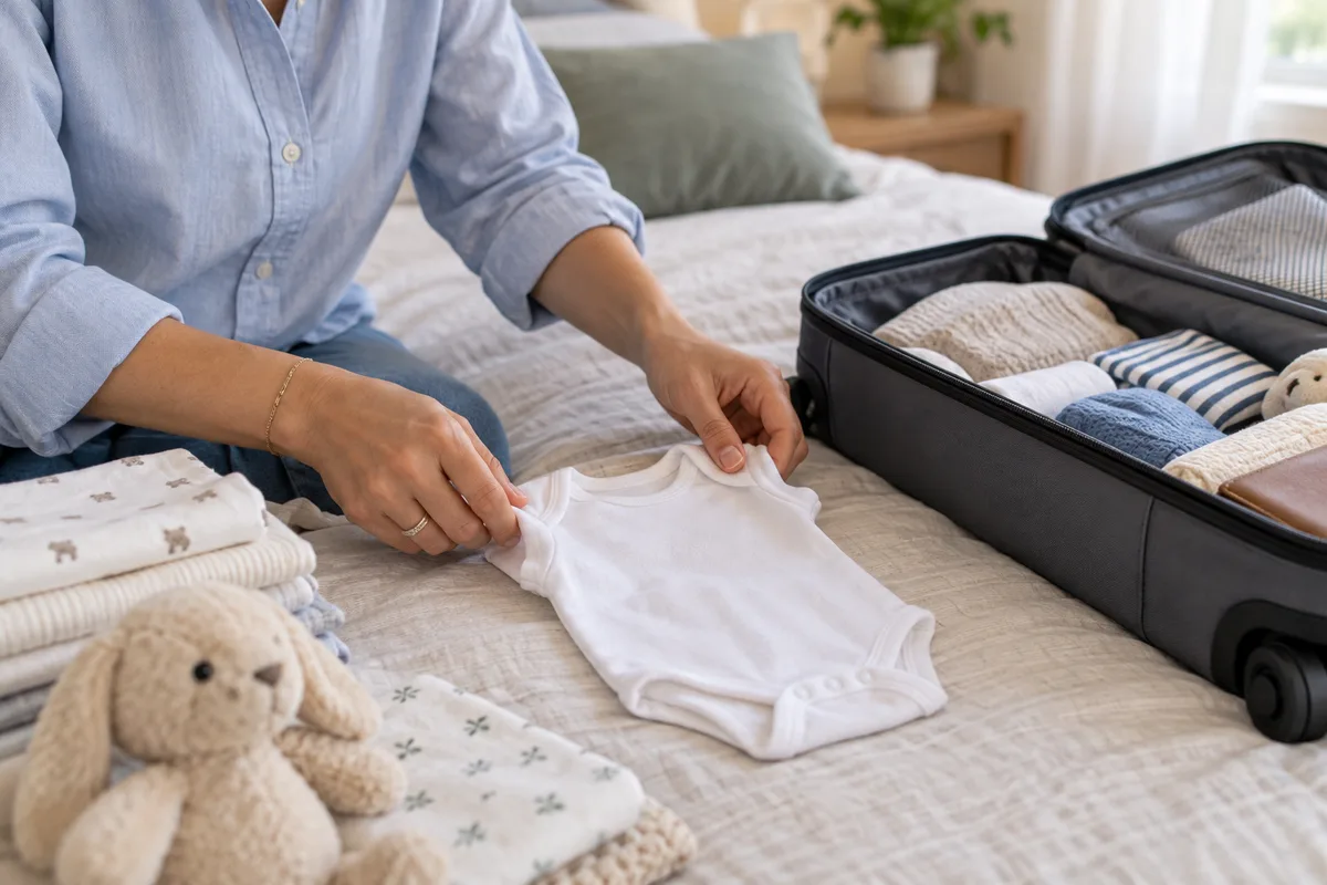 Mains pliant un petit body blanc près d’une valise cabine ouverte sur un lit