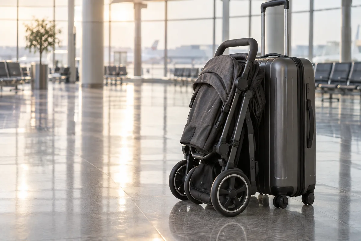 Poussette pliée posée contre une valise dans un hall d’aéroport vide au petit matin