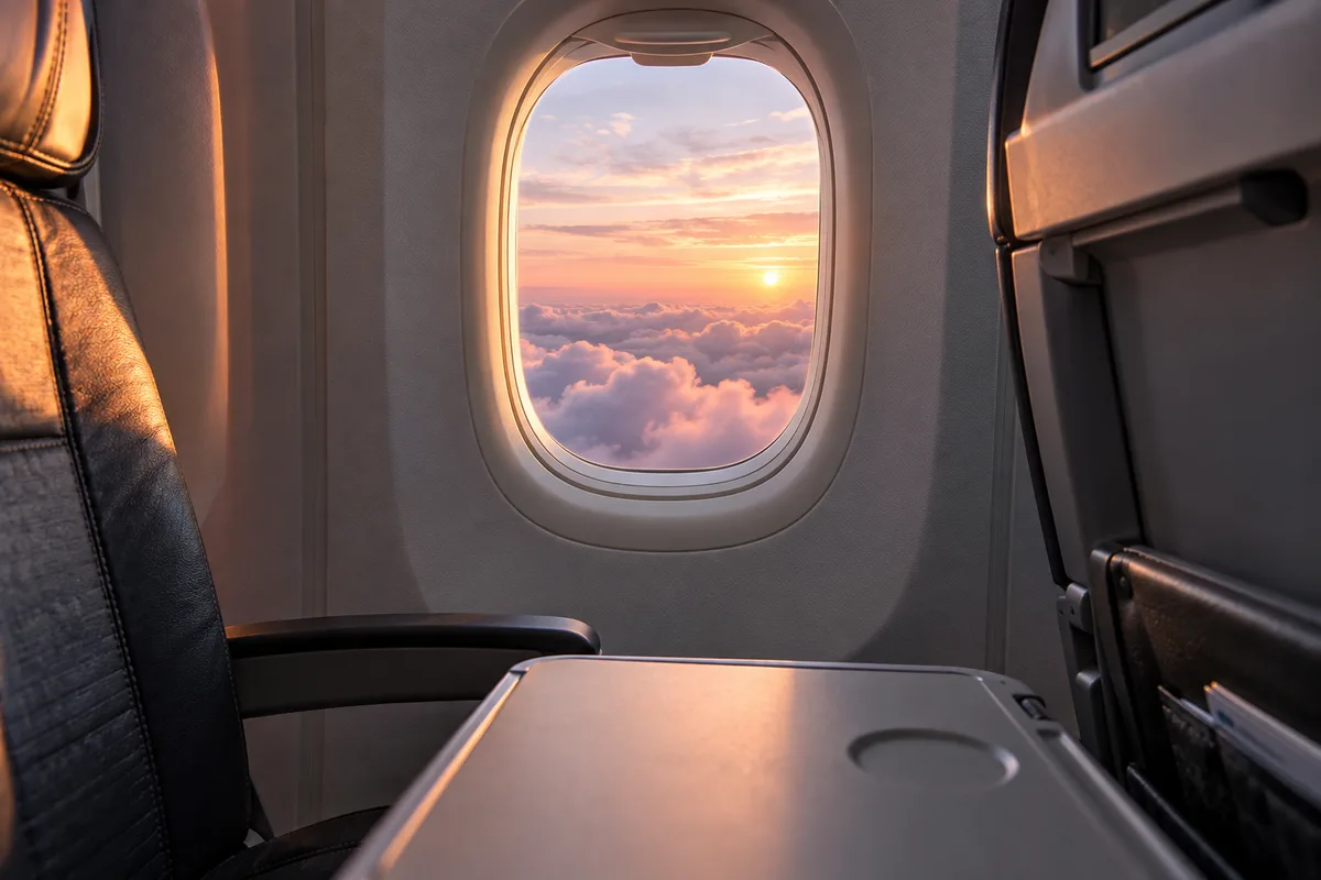 Hublot d’avion et nuages roses au lever du soleil vus depuis un siège vide